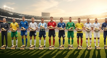 Once futbolistas con uniformes nacionales posan en un campo de fútbol. Sostienen Botas de Oro; otras reposan en pedestales. Estadio con luz del atardecer.