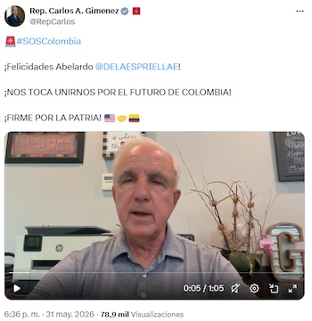 Carlos Giménez respaldó a la oposición en Colombia y pidió unidad tras triunfo de Abelardo de la Espriella - crédito @RepCarlos/X