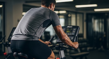 Vista posterior de un hombre en una bicicleta fija de gimnasio, vestido con camiseta gris y pantalones cortos negros, en un ambiente de gimnasio.