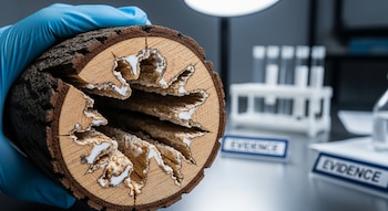Mano con guante azul sujeta tronco de madera seccionado, con cavidades y sustancia blanca. Al fondo, tubos de ensayo y etiquetas de evidencia en laboratorio.