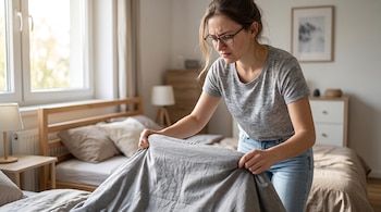 Una mujer con gafas y camiseta gris sostiene una sábana frente a una cama en una habitación luminosa.