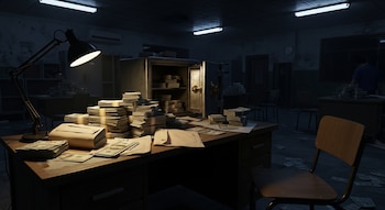 Un escritorio oscuro con grandes pilas de billetes de cien dólares, una lámpara encendida y una caja fuerte abierta con más dinero, en una habitación mal iluminada.