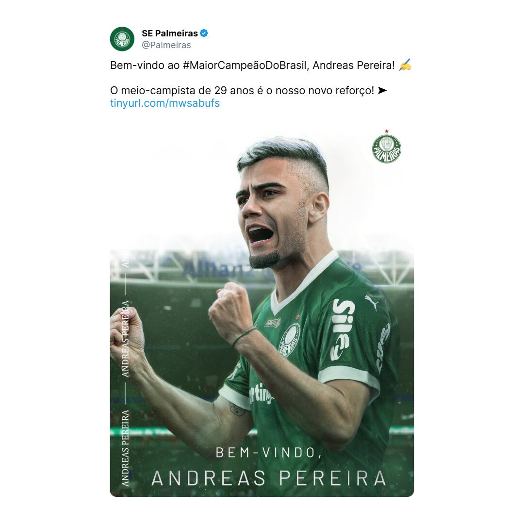 El mensaje de Palmeiras para oficializar la contratación de Pereira