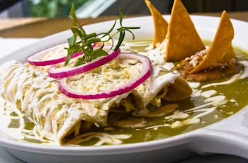 Un plato blanco contiene enchiladas bañadas en salsa verde, crema, queso, aros de cebolla morada, frijoles y totopos de maíz