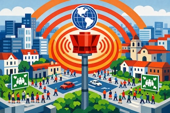 Ilustración aérea de una ciudad peruana con edificios y personas. Una alarma sísmica roja central emite ondas mientras la gente se dirige a zonas de seguridad verdes.