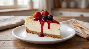 Porción de cheesecake con base de galleta, crema, salsa roja, dos fresas y dos moras, sobre plato blanco en mesa de madera con servilleta y cubiertos de madera.