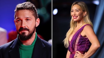 A la izquierda, Shia LaBeouf viste un suéter verde y un saco oscuro; a la derecha, Hilary Duff sonríe con un vestido morado.