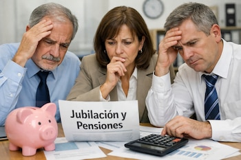 Tres personas, dos hombres y una mujer, sentadas en una mesa con expresiones preocupadas, mirando un documento titulado 'Jubilación y Pensiones', una alcancía rosa y una calculadora.