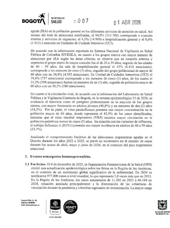 La ocupación hospitalaria supera el 90% en Bogotá por escalada de infecciones y enfermedades prevenibles - crédito Secretaría de Salud