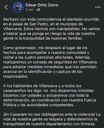 Captura de pantalla de una publicación en redes sociales con texto blanco sobre fondo oscuro y la foto de perfil de César Ortiz Zorro