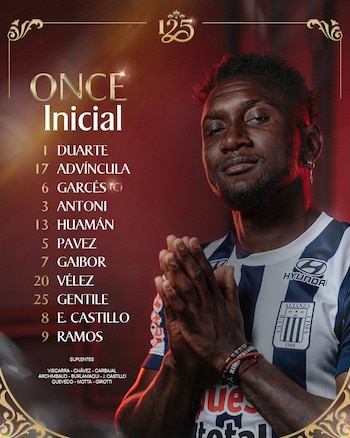 Jogadores do Alianza Lima com camisas azuis e brancas, com as mãos levantadas em sinal de respeito, com onze titulares e reservas listados em ouro.