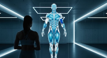 Mujer de espaldas con ropa deportiva mira una pantalla translúcida con un modelo del sistema muscular humano. Entorno de gimnasio con luces azules.