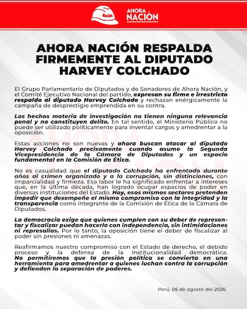 Bancada de Ahora Nación respalda al diputado Harvey Colchado y acusan una “campaña de desprestigio” en su contra por pedido de prisión de la Fiscalía. (Foto: Bancada Ahora Nación)