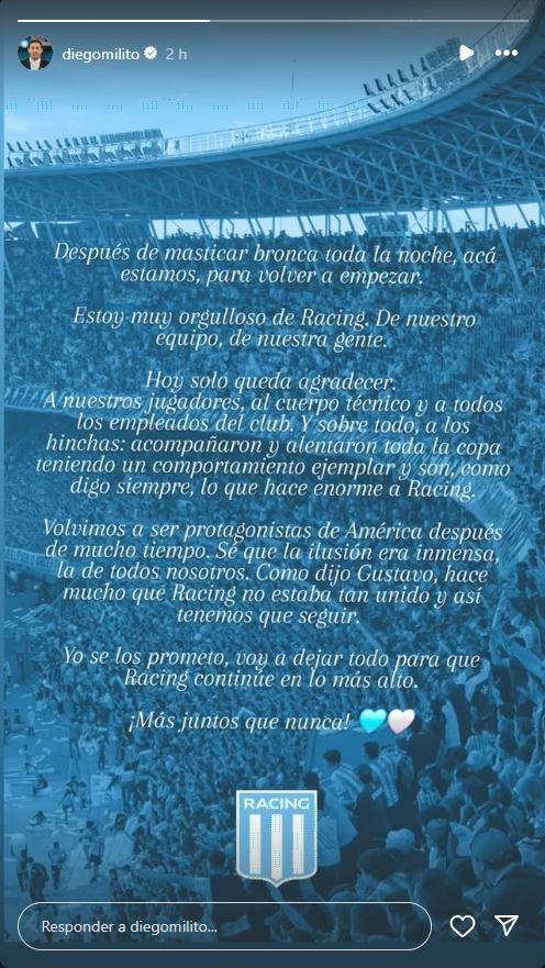 La carta de Milito a los hinchas de Racing
