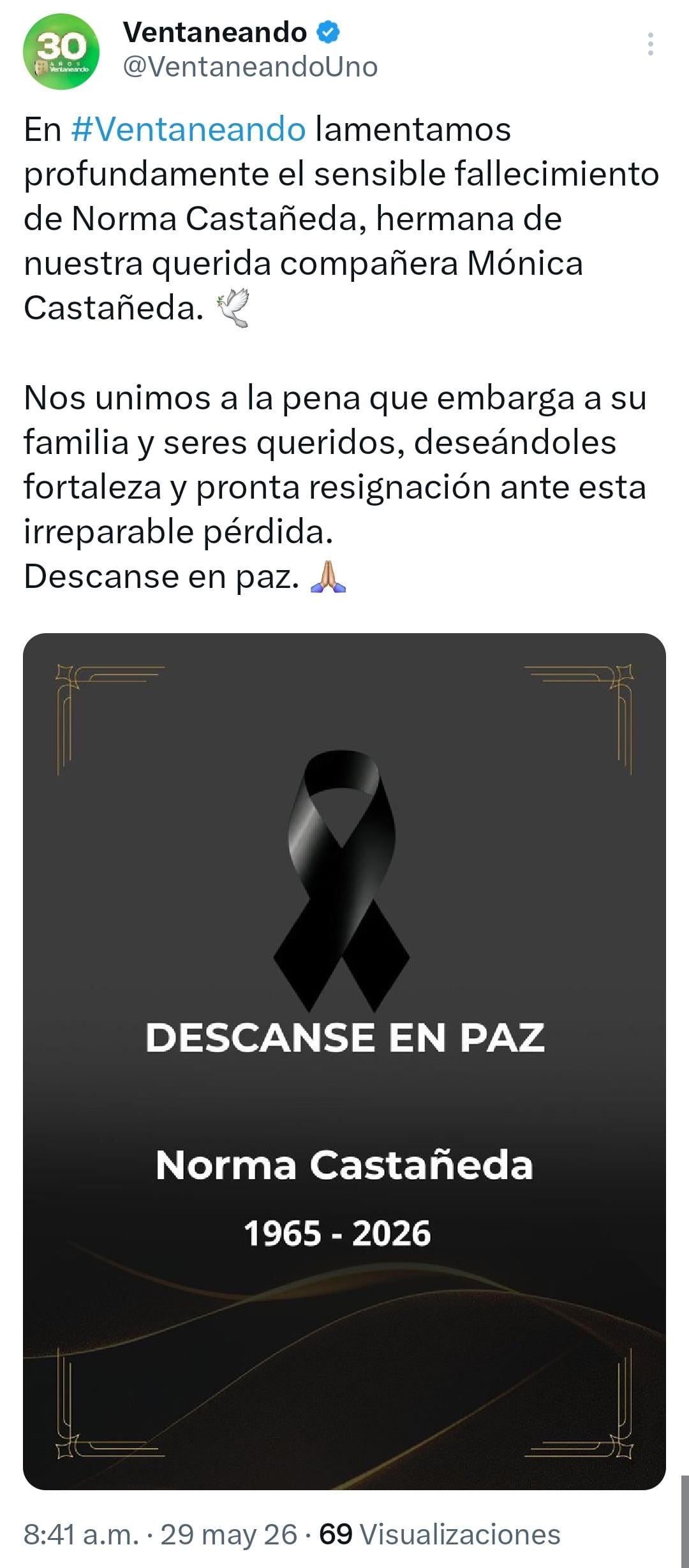 La producción del programa Ventaneando lamenta el sensible fallecimiento de Norma Castañeda, hermana de su compañera Mónica Castañeda, mediante un mensaje difundido en sus redes sociales oficiales. (Ventaneando: X)