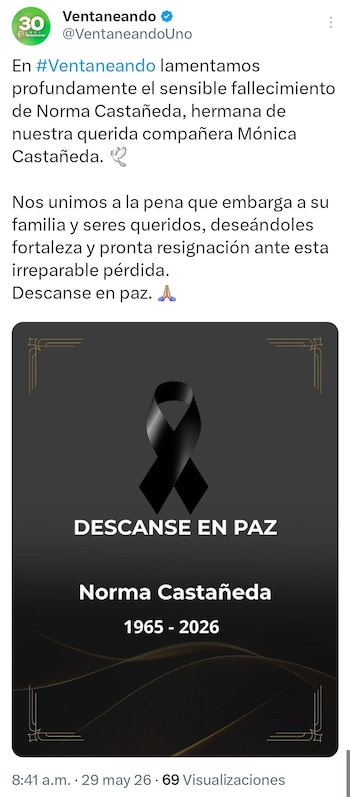 Captura de pantalla de un tweet de Ventaneando que anuncia el fallecimiento de Norma Castañeda, con una imagen de un lazo de luto y las fechas 1965-2026