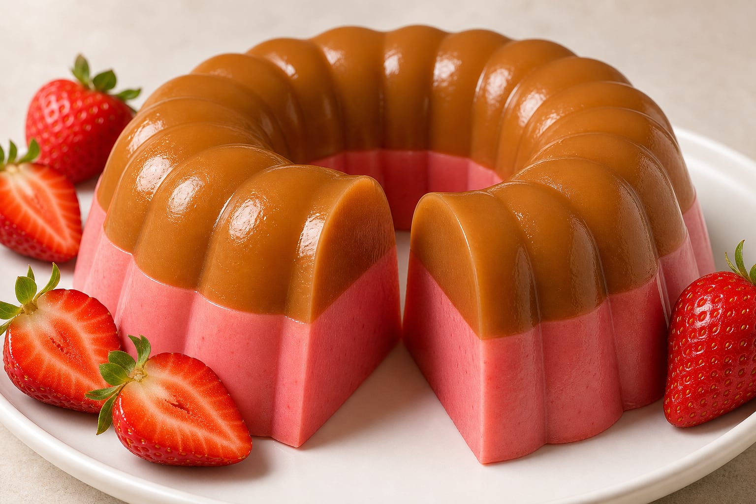 Una gelatina de cajeta y fresa moldeada en dos capas se exhibe servida en un plato blanco junto a frutas frescas. (Imagen Ilustrativa Infobae)