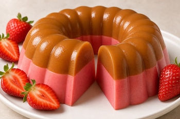 Gelatina circular en capas de color marrón y rosado con una rebanada cortada, rodeada por fresas enteras y partidas en un plato.