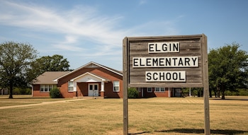 Cartel de madera "Elgin Elementary School" en primer plano. Detrás, una escuela de ladrillo rojo, césped seco y árboles bajo un cielo azul.