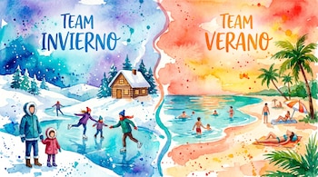 Ilustración en acuarela con la frase 'Team Invierno' en un paisaje nevado y 'Team Verano' en una playa tropical con palmeras y personas.