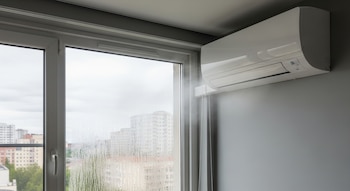 Aire acondicionado blanco de pared junto a una ventana con marco blanco. El cristal de la ventana tiene gotas de condensación y muestra edificios urbanos.