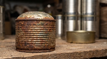 Una lata de metal oxidada y abombada en primer plano sobre una superficie de madera, con varias latas de metal plateadas y doradas difuminadas al fondo.