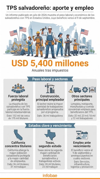 Infografía con datos sobre el TPS salvadoreño, ilustraciones de trabajadores, banderas de Estados Unidos y cifras de empleo por sector y estado.