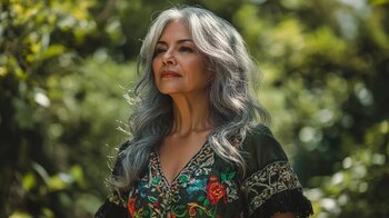 Mujer madura con cabello cano y un corte elegante en capas, resaltando su belleza natural y estilo moderno. - (Imagen Ilustrativa Infobae)