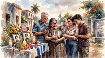 Personas llorando abrazadas junto a retratos de hombres en uniforme militar, velas, flores y una bandera de Cuba sobre una mesa.