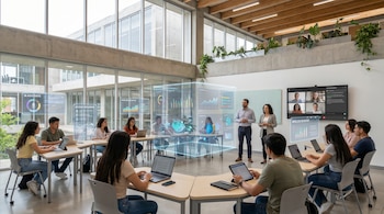 Estudiantes diversos y dos profesores en un aula universitaria moderna. Utilizan laptops y tablets con interfaces holográficas y una pantalla de videollamada visible.