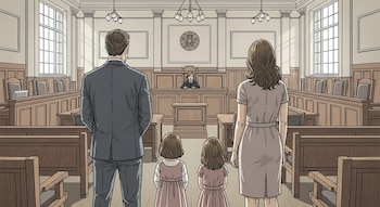 Ilustración de un hombre, una mujer y dos niñas de espaldas en una sala de tribunal con un juez sentado al frente y asientos de madera a los lados.