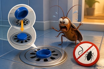 Una cucaracha animada junto a un desagüe tapado con una tapa azul, un esquema explicativo y una señal de prohibición de insectos.
