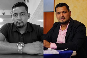 Dos fotografías contiguas de un hombre: a la izquierda en blanco y negro con polo y reloj, y a la derecha en color con saco y camisa rosa.