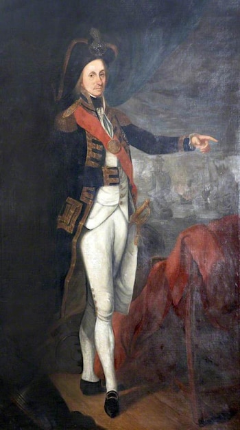 Pintura al óleo de Horatio Nelson, figura histórica. Viste uniforme naval, sombrero bicornio, faja roja y señala con la mano derecha. Fondo oscuro