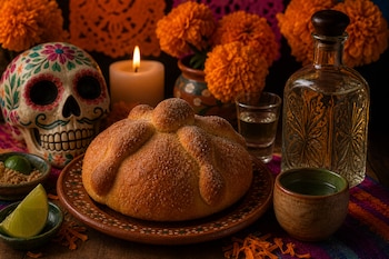Un pan de muerto en un plato de barro junto a una calavera decorada, flores anaranjadas, una vela encendida y una botella de mezcal.