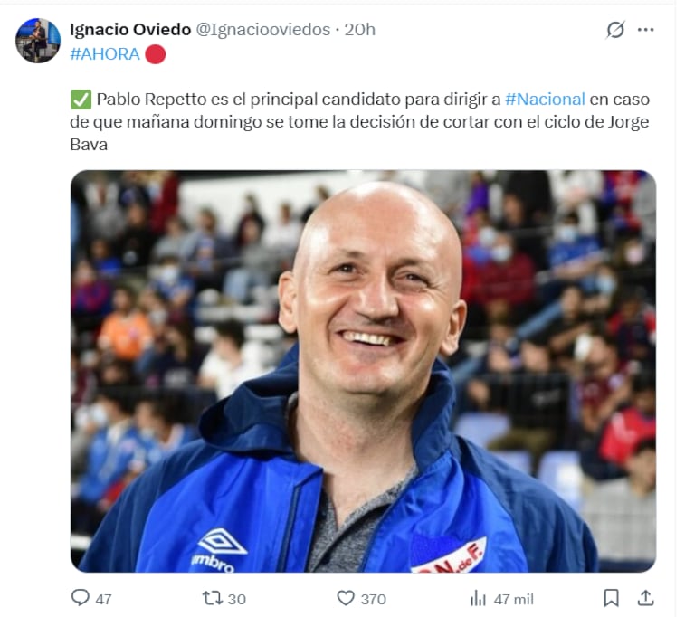 El primer informe desde Uruguay que vincula a Pablo Repetto como nuevo entrenador de Nacional - crédito @ignaciooviedo/X