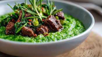 Papilla verde de hojas cocidas con carne de res troceada encima, servida en plato hondo sobre fondo neutro. – (Imagen Ilustrativa Infobae)