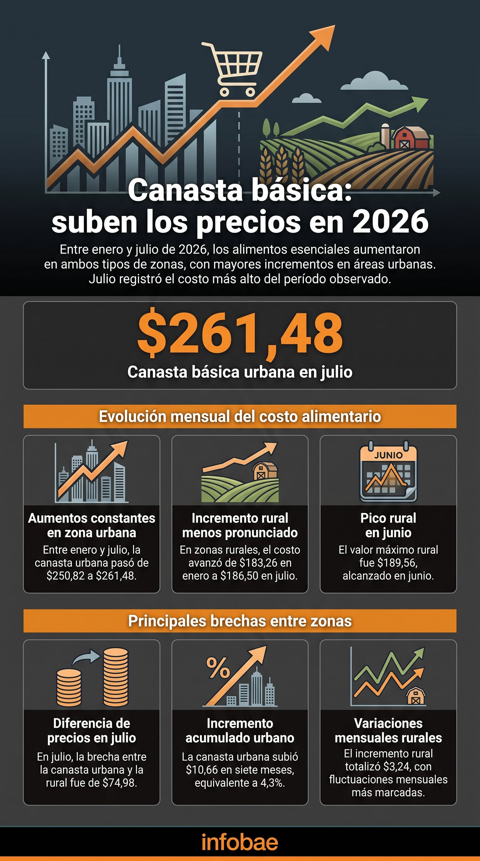 Una infografía de Infobae detalla el aumento de la canasta básica en 2026, que alcanzó los 261,48 dólares en la zona urbana y 186,50 dólares en la rural durante julio. (Imagen Ilustrativa Infobae)