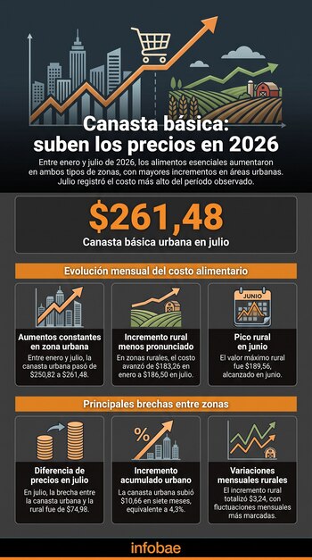 Infografía con gráficos y datos numéricos sobre el costo de la canasta básica urbana y rural entre enero y julio de 2026.