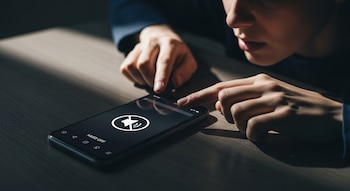 Primer plano de manos de una persona manipulando un smartphone negro sobre una mesa de madera. La pantalla del teléfono muestra un icono de sonido desactivado.