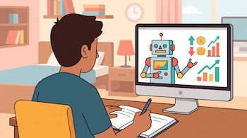 Ilustración de una persona de espaldas que toma notas frente a un monitor con un robot, flechas y gráficos financieros.