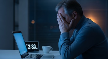 Una persona con pelo gris y suéter de cuello alto azul, sentada frente a una laptop abierta, se cubre el rostro con las manos. Al fondo, un reloj digital marca 2:30 am y una taza de café.
