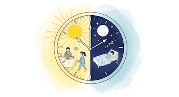 Reloj analógico con esfera dividida en día y noche. Mitad día: sol, persona desayunando, persona caminando. Mitad noche: luna, estrellas, persona durmiendo.