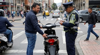 Un policía de tránsito escribe una multa a un hombre junto a un scooter negro en una calle urbana. El policía viste uniforme y chaleco reflectante.