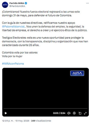 Partido MIRA llamó a votar el 31 de mayo y ratificó respaldo a Paloma Valencia - crédito @PartidoMIRA/X