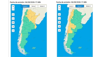 Dos mapas idénticos de Argentina con regiones en color verde y amarillo, que indican alertas meteorológicas por viento. La fecha de emisión es 06/08/2026 17:48h