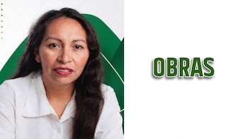 Retrato de Maribel Albornoz Rosas a la izquierda y la palabra OBRAS en letras verdes a la derecha