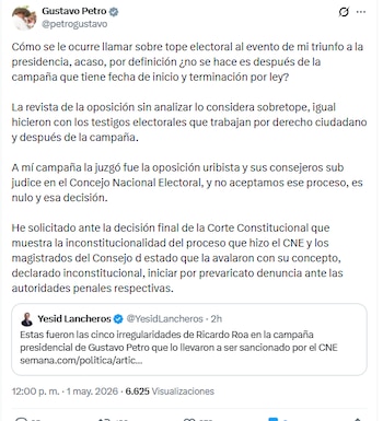 El jefe de Estado señaló que no aceptará la determinación de la entidad encargada de supervisar las elecciones - crédito @petrogustavo/X