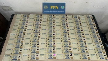 Numerosos billetes falsos de 20.000 pesos argentinos dispuestos simétricamente sobre una mesa, con un cartel azul de la PFA al fondo