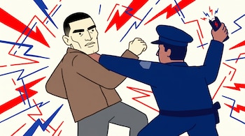 Ilustración plana de un hombre forcejeando con un agente federal. El agente viste uniforme azul, sujeta una pistola eléctrica; el fondo muestra líneas rojas y azules.